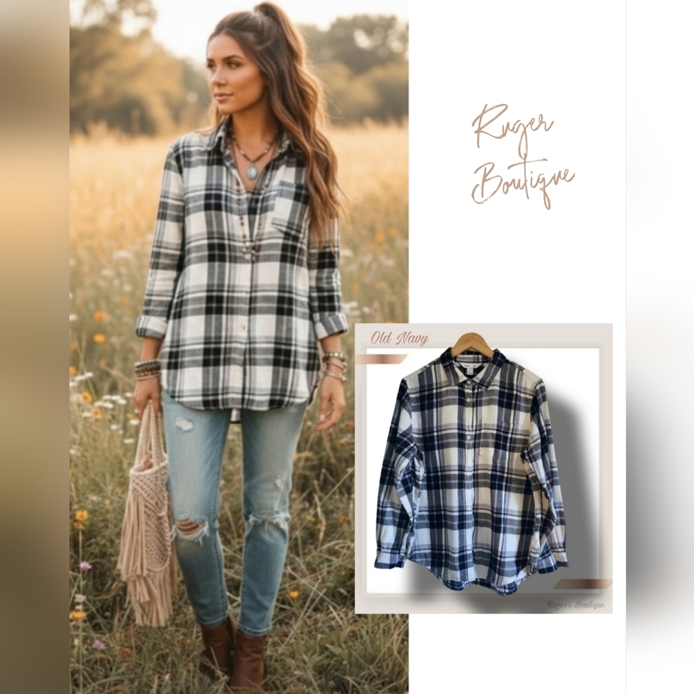 🌿Old Navy Women's XL Black and White Plaid Flannel Button Down Longsleeve